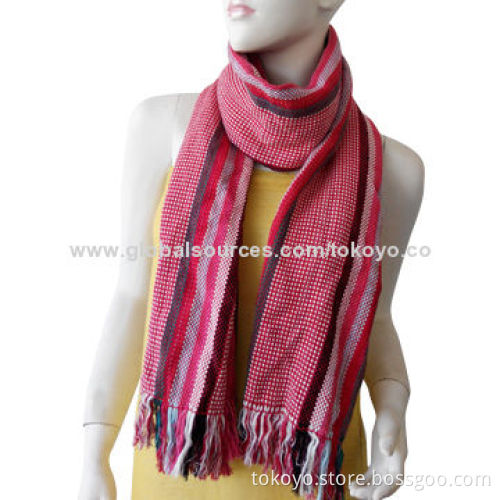 Woven scarf with gingham check, yarn dyed/made of cotton and wool/tight tension for winter